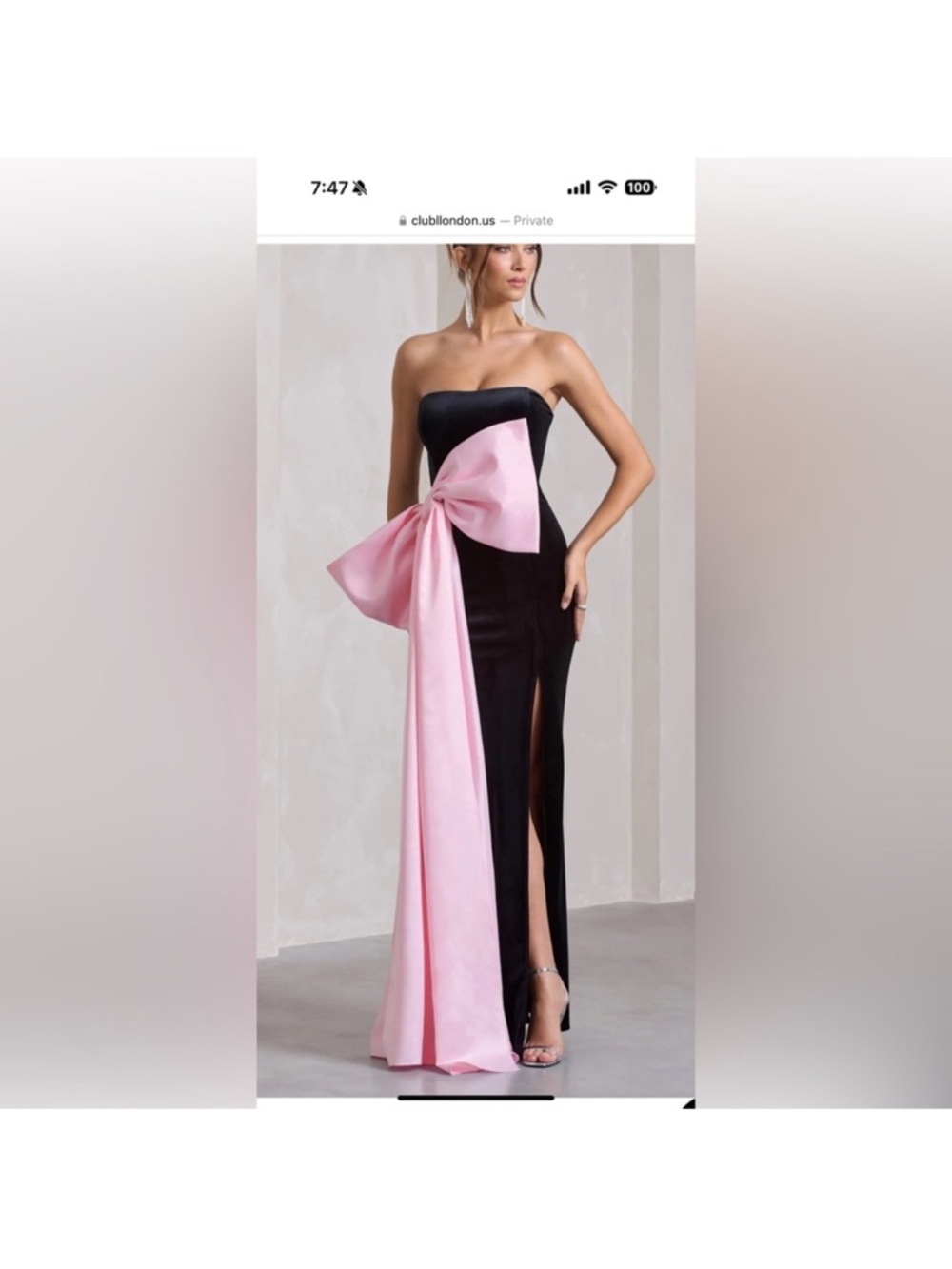 Club l London black velvet Bandeau split maxi dress pink bow